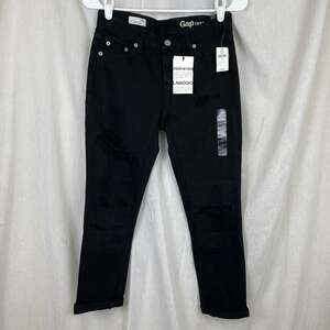 🌞 NWT Gap 1969 Black Ripped Girlfriend Denim Jeans 24r Distressed Rolled Cuff